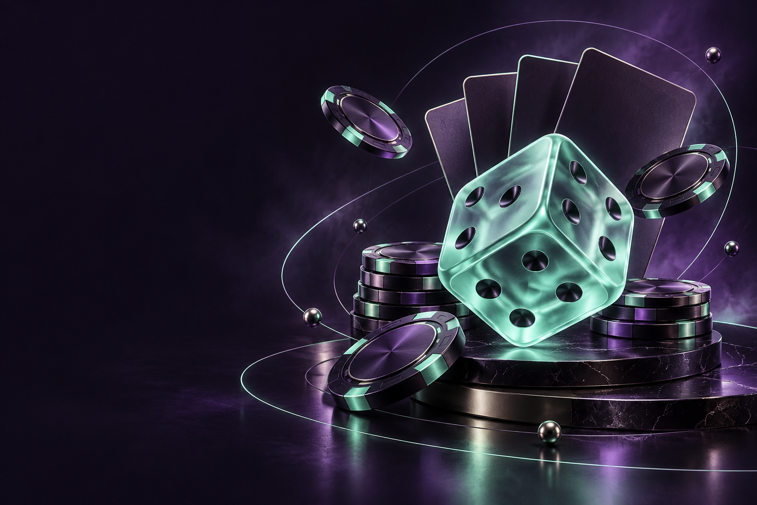 Original illustration of purple casino chips and a mint glass die